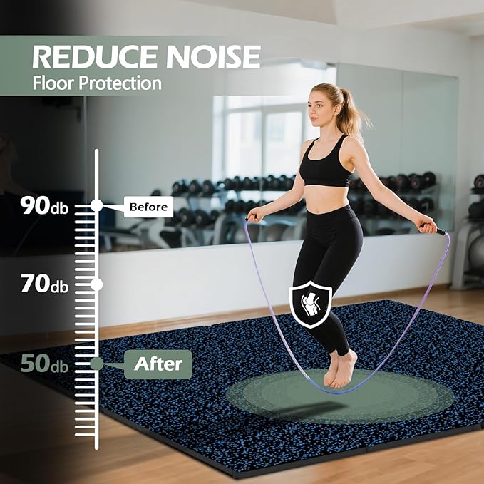 Interlocking Rubber Gym Mats 48 Sq Ft Heavy Duty Exercise Flooring for Home Gym, Weightlifting, Yoga, Playroom - Dual-Layer Non-Slip Noise Reducing Floor Protection Tiles