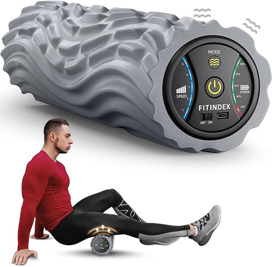 FITINDEX Vibrating Foam Roller for Back Pain, 5-Speed Muscle Massage, Exercise, Muscles Deep Tissue, Physical Therapy, Pilates, Yoga, Neck, Leg, Rechargeable, Travel Portable Gray