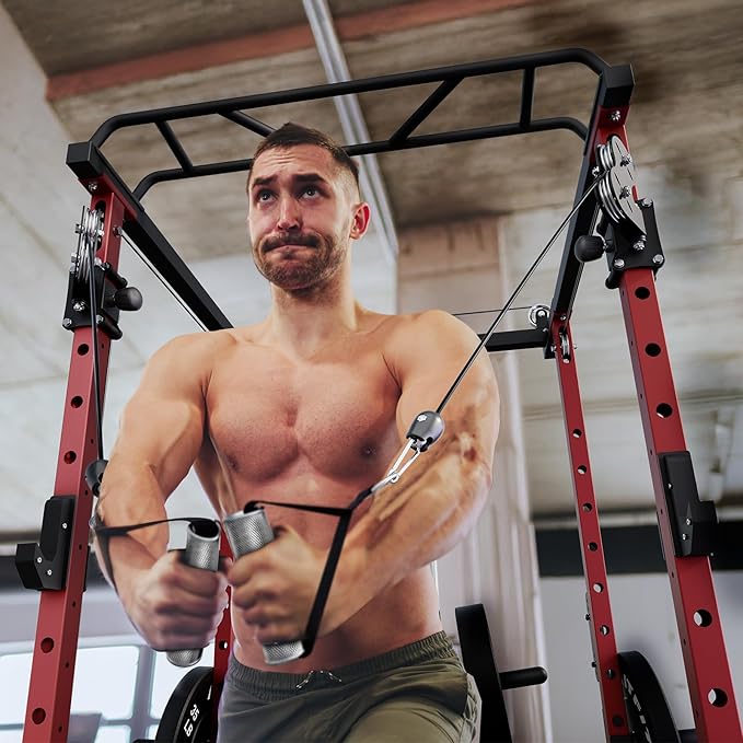 RitFit Upgraded PPC-P3 Power Cage, 3-in-1 Home Gym with Aluminum Pulley System, 1200LBS Capacity, Includes LAT Pulldown, Landmine, J-Hooks & 20+ Attachments, Fits Compact Spaces Black Red