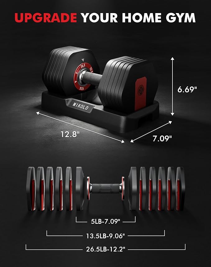 Mikolo Hex Cageless Adjustable Dumbbells Set of 2, 26.5LB Pair 6-in-1 Space-Saving Adjustable Dumbbell Set for Home Gym Strength Training