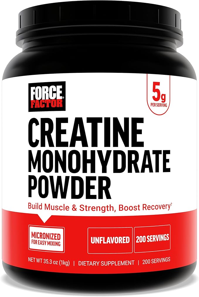 Force Factor Creatine Monohydrate Powder, 5g Micronized Dose to Support Muscle Growth, Strength, Recovery, Cognitive Health & Memory, Unflavored, 200 Servings