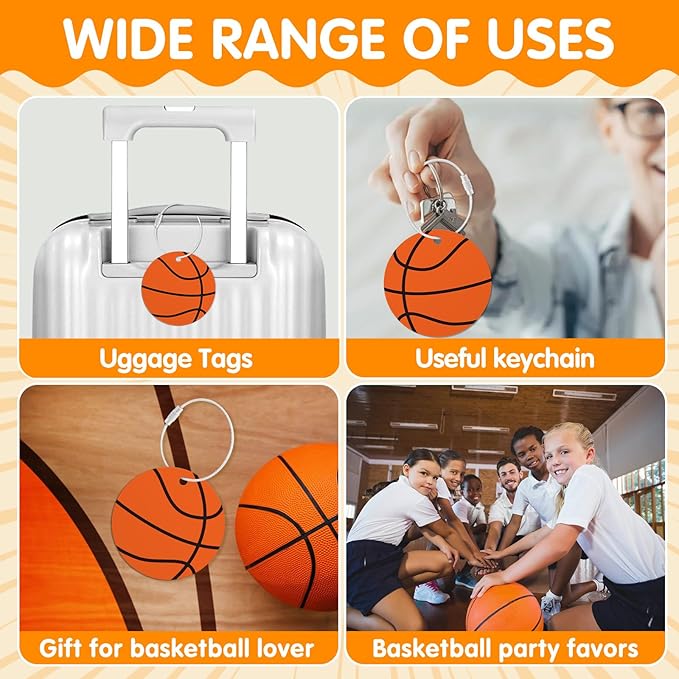 12 Pcs Basketball Luggage Tags for Travel Suitcases Labels with Metal Ring 2.75in Basketball Keychain PVC Name Id and DIY Pocket Hug Card Backpack Charm for Men Women Travel Bag Suitcase