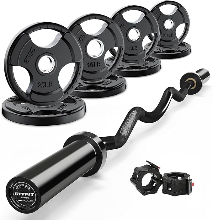 RitFit 2 Inch EZ Curl Bar with Weights, 350LBS Weight Capacity Olympic Curl Barbell for Bicep, Tricep and Weight Lifting Exercises