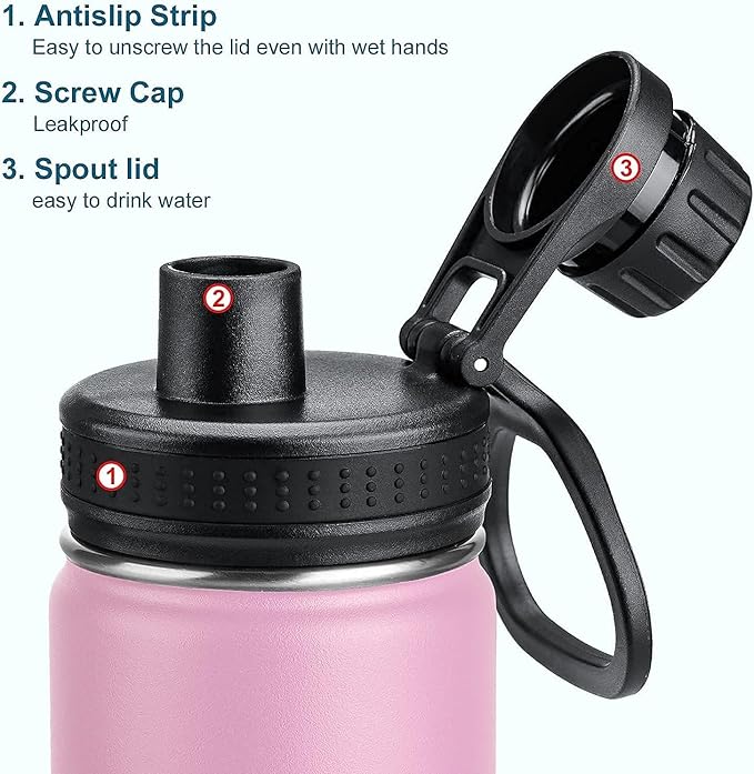 koodee 16 oz Water Bottle-Stainless Steel Double Wall Vacuum Insulated Wide Mouth Water Bottle with Leakproof Spout Lid (Pink)