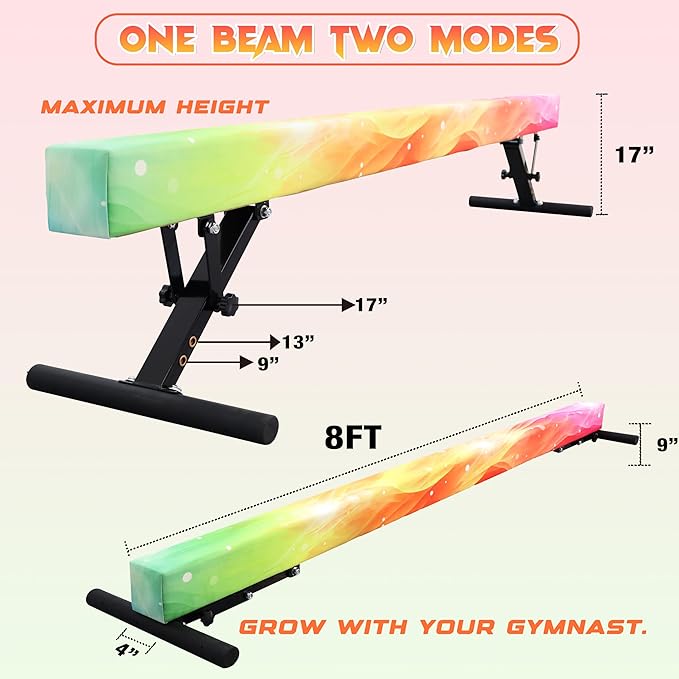 PreGymnastic 8FT Balance Beam, Raised Gymnastics Beam for Kids Ages 3-12, Home Gym Equipment for Training, Adjustable Balancing Beam Indoor, Off-Ground Competition Style