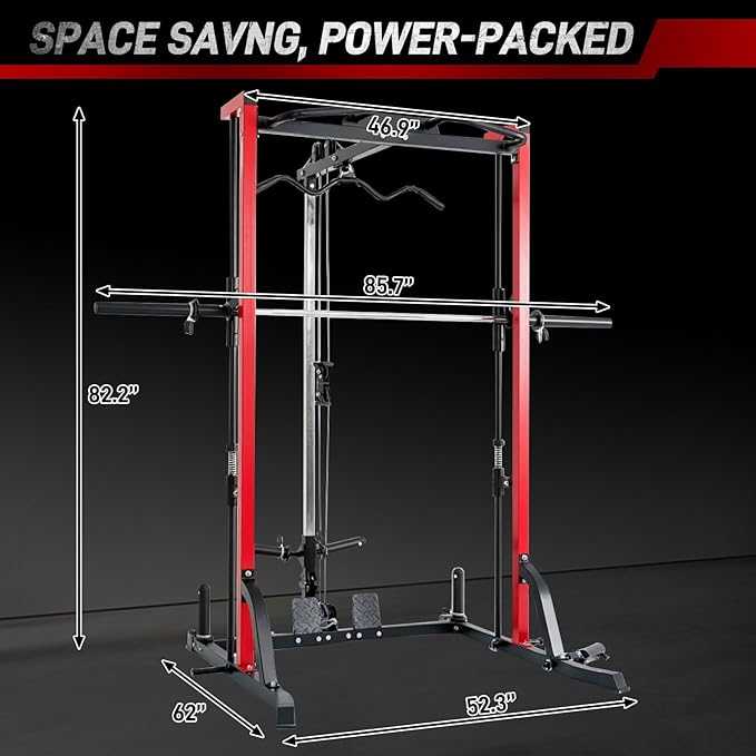 Smith Machine Power Cage Squat Rack with LAT-Pull Down System, 1000LBS Capacity, Landmine, Barbell Bar, Plate Storage Pegs and More Training Attachment for Garage Workout & Home Gym
