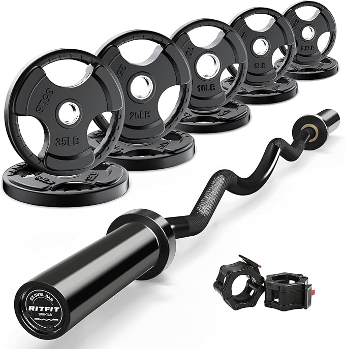 RitFit 2 Inch EZ Curl Bar with Weights, 350LBS Weight Capacity Olympic Curl Barbell for Bicep, Tricep and Weight Lifting Exercises