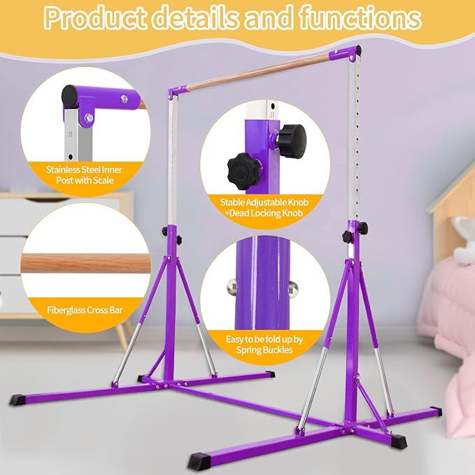 Gymnastics Bar for Kids Ages 3-15, 35" to 60" Adjustable Height, 4FT Wide Base - Professional Kip Bar with 360° Stability & Fiberglass Crossbar, Easy Fold&Solid Design for Home Training