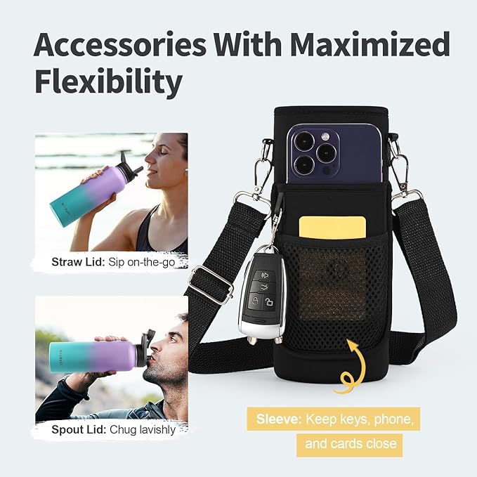40 oz Insulated Water Bottle with Straw (Cold for 48 Hrs), Stainless Steel Triple Wall Vacuum Sports Water Jug, Leakproof Hydro Cup Flask with Paracord Handle & Straw Spout Lids & DIY Stickers