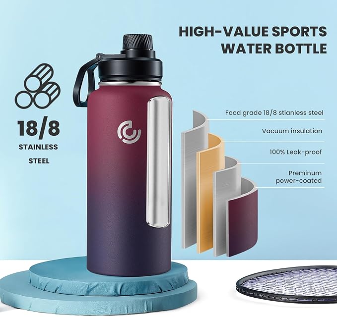 COKTIK 32oz Sports Water Bottle, Stainless Steel Water Bottle for Insulated, Reusable Travel Bottle, With Straw, With Handle Grip for Easy Carrying, Suitable for Cycling, Outdoor Vacations(Midnight)