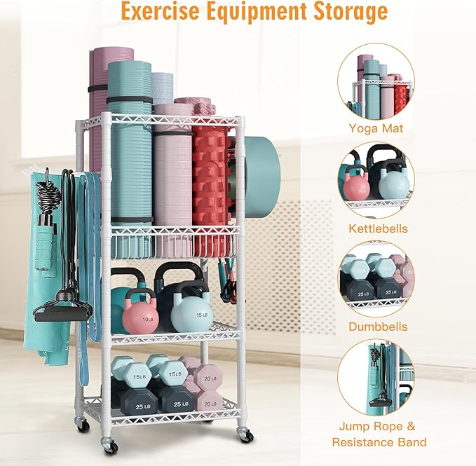 FUTASSI Home Gym Storage, 3 Tiers Workout Equipment Organizer with Wheels for Yoga Mats, Foam Roller, Dumbbells, Kettlebells, and Resistance Bands