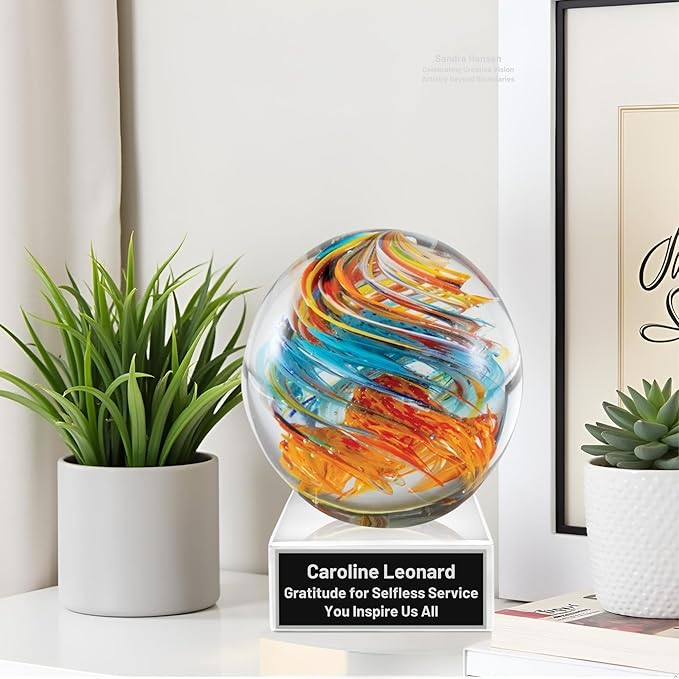Hand-Blown Art Glass Award – Custom Engraved Elegant Award for Corporate, Sports Retirement Volunteer Recognition Leadership Personal Milestones Employee Gifts