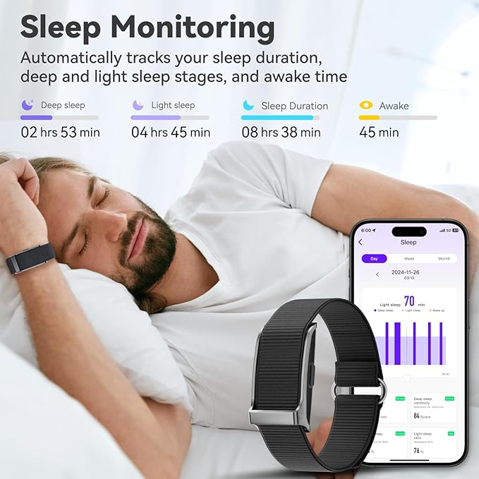 Smart Health Wristband, All-Day Continuous Heart Rate Blood Pressure Stress HRV Monitor, Improve Sleep, Wearable Activity & Fitness Tracker, 120+ Sports Modes, 60-Day Battery, with Free App