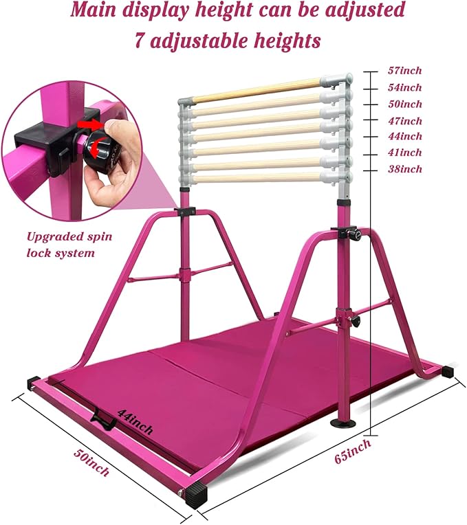 GLANT Gymnastics Bar for Kids with Rings Set, 7 Heights Adjustable Easy Folding Gymnastic Training Bar Kids Monkey Horizontal Bars - Max Load 300LBS