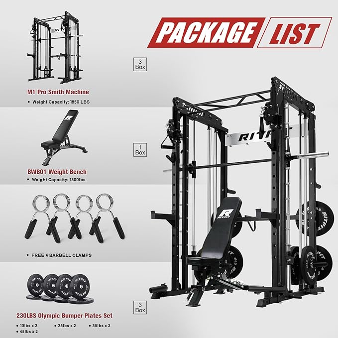 RitFit M1 Pro Smith Machine Package, All-in-One Power Cage with Weight Stack Set, Includes LAT Pulldown & Cable Crossover System for Home Gyme