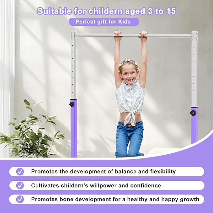 Gymnastics Bar for Kids Ages 3-15, 3' to 5' Adjustable Height, Gymnastic Kip Bar Horizontal Bar for Gymnas, Anti-Slip and Easy to Assemble, Home Gym Equipment Indoor for Girls, Boys