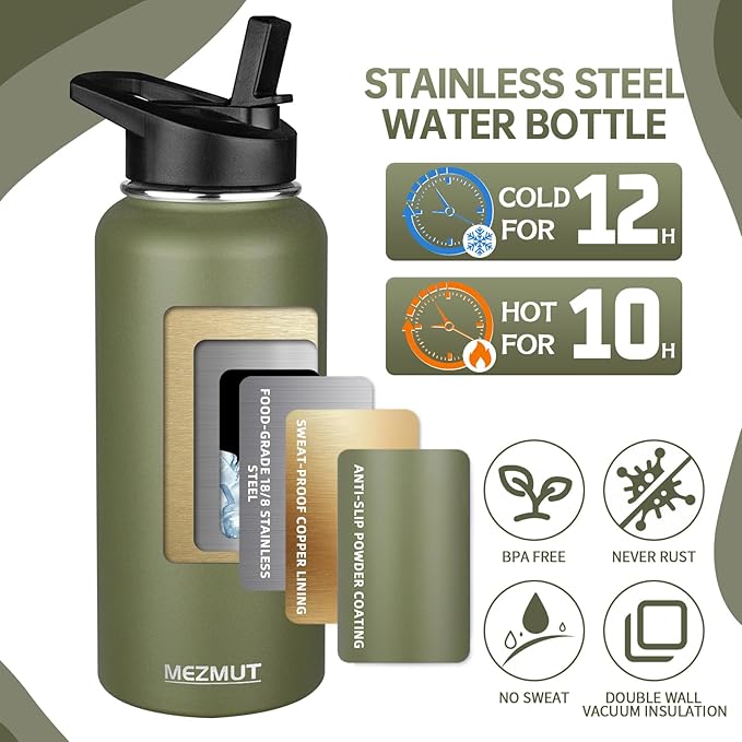 MEZMUT Stainless Steel Water Bottles 32oz Insulated Water Bottle with Straw&3 Lids Double Walled Sports Metal Thermos Water Bottle Cup Leak-Proof Vacuum Insulated Bottles Travel (Army Green)