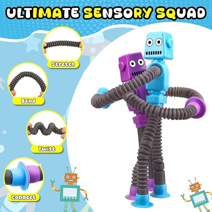 Dilabnba 12 PCS Suction Cup Fidget Pop Tube Robot Sensory Toys - Transformable Telescopic Tube, Travel Toys for Kids Toddlers (Ages 3-10) Stocking Stuffer Gift