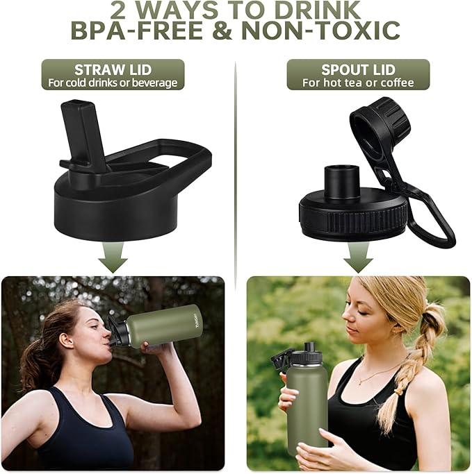 MEZMUT Stainless Steel Water Bottles 32oz Insulated Water Bottle with Straw&3 Lids Double Walled Sports Metal Thermos Water Bottle Cup Leak-Proof Vacuum Insulated Bottles Travel (Army Green)