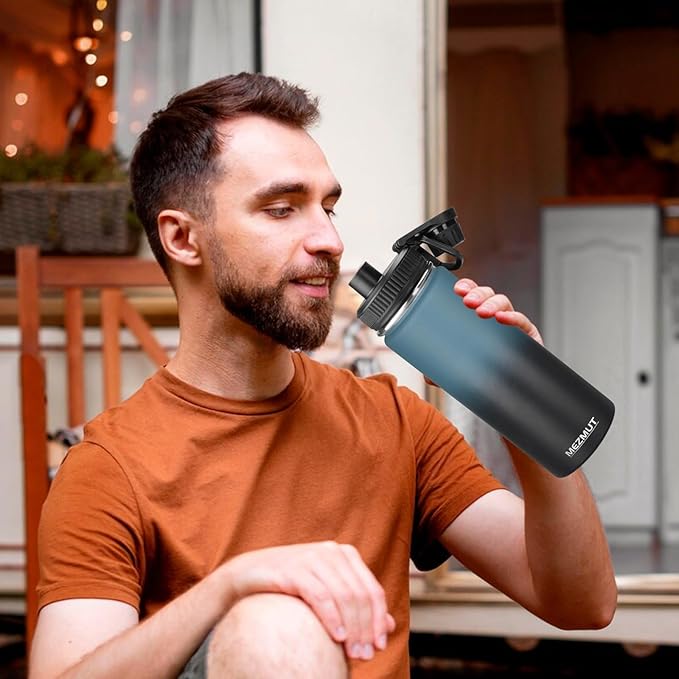 MEZMUT Insulated 24oz Stainless Steel Water Bottle with Straw & 2 Lids - Sports Metal Cup - Double Walled Vacuum Insulated Bottle - Leak-Proof Travel (Gradient Blue Black)