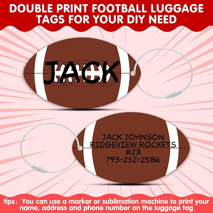 12 Pcs Football Luggage Tags for Suitcases Travel Suitcase Labels with Metal Ring 2.75in Football Keychain,Football Accessories PVC Name Id and DIY Pocket Hug Card for Men Women Travel Bag Suitcase