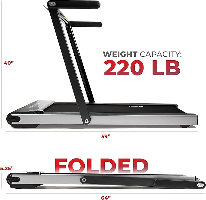 Sunny Health & Fitness Slim Foldable Treadmill Fully Assembled, 17.7" x 49" Non-Slip Running Surface, 2.5 HP Motor, Speeds up to 8 MPH, Shock-Absorption, Device Holder, Digital Monitor, & Easy Storage