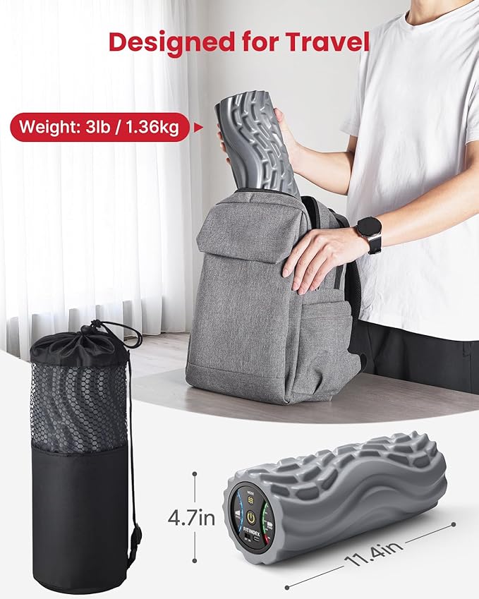 FITINDEX Vibrating Foam Roller for Back Pain, 5-Speed Muscle Massage, Exercise, Muscles Deep Tissue, Physical Therapy, Pilates, Yoga, Neck, Leg, Rechargeable, Travel Portable Gray