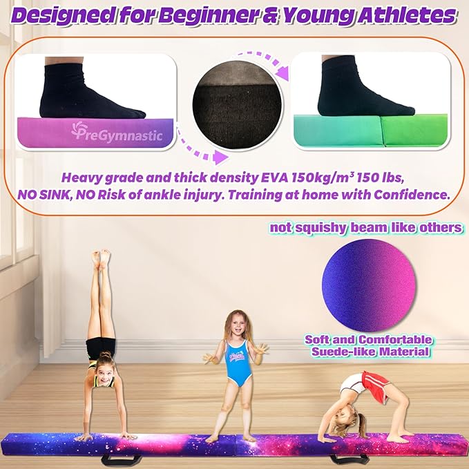 PreGymnastic 6FT/8FT/9.5FT Folding Balance Beam for Kids Ages 3-12, Foldable Gymnastics Floor Beam-Extra Firm Suede Cover with Carrying Bag for Home-Gym Equipment for Toddler Teenager