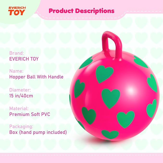 EVERICH TOY Hopper Ball,15In Sit On Bouncy Balls with Handle, Purple Heart Girls Toys for Indoor Outdoor Active Play Toys, Inflatable Christmas Hopping Toy for Girls Boys Gifts 3 4 5 6 Yr Old