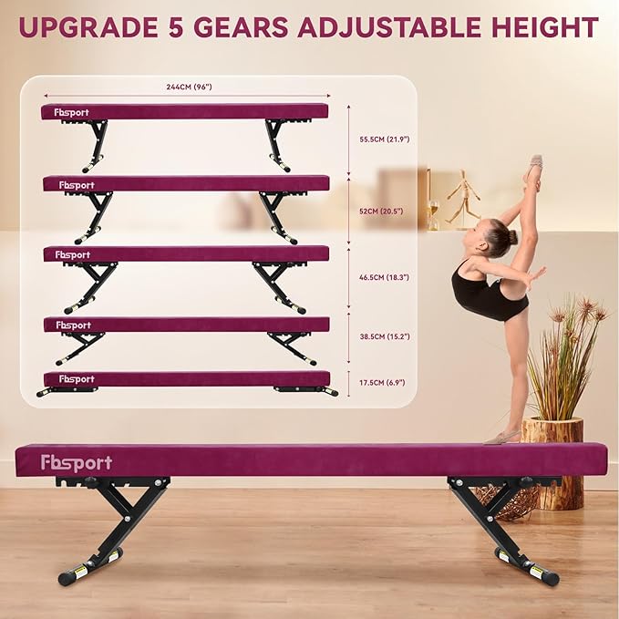 FBSPORT 8ft Adjustable Balance Beam: High and Low Floor Beam Gymnastics Equipment for Kids/Adults,Gymnastics Beam for Training,Practice, Physical Therapy and Professional Home Training with Legs