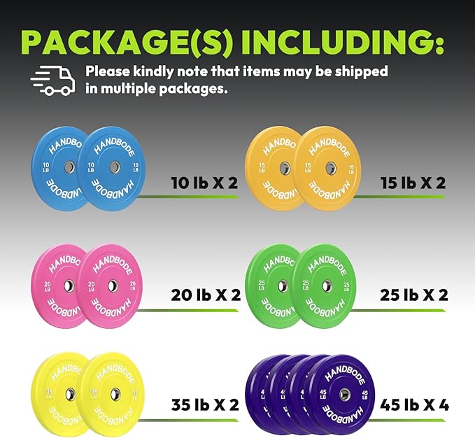 2-Inch Weight Plates High Bounce, Olympic Bumper Plate Set 45/100/160/190/260/300lb, Colored Weight Plates Set for Home Gym, Barbell Weights Rubber Strength Training Plate for Weight Lifting