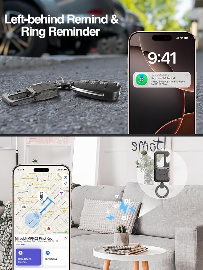 Miroddi Keychain Tracker, Men's Key Chain Works with Find My(iOS Only), Heavy Duty Keychain Carabiner Bottle Opener, Car Key Chains with Finder, Anti-lost Keyrings Tracker, Rechargeable, Gunmetal