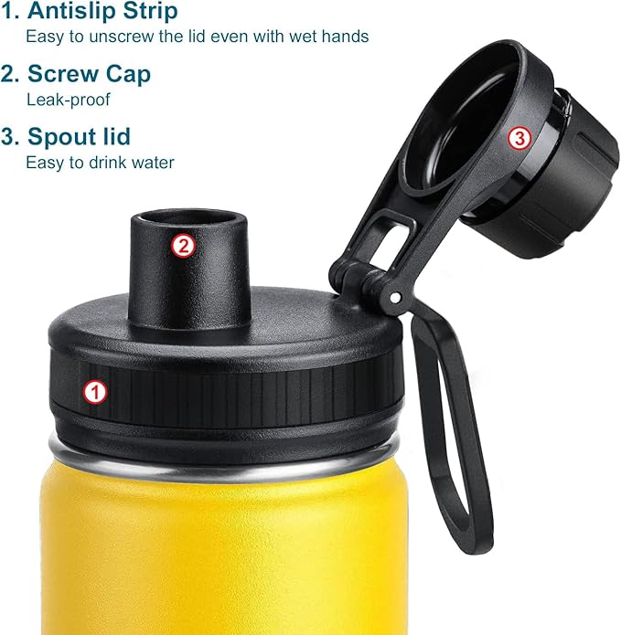 koodee Insulated Water Bottle, 32 oz Stainless Steel Double Wall Vacuum Wide Mouth Sport Bottle with Leakproof Spout Lid (Yellow)