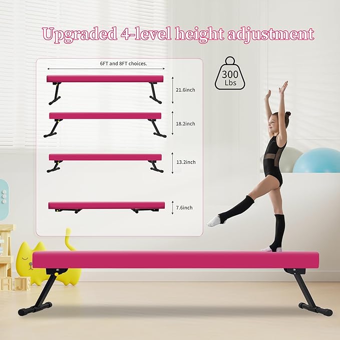EL&IT·Wings 6FT/8FT Gymnastic Balance Beam for Kids, Adjustable Balance Beam with Leg, High and Low Level Floor Beam, Gymnastics Equipment for Home and Gym Center