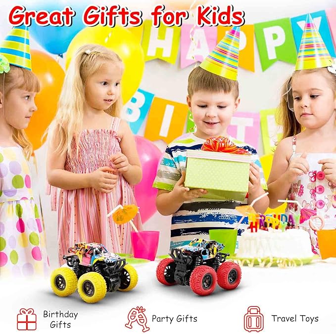 Monster Truck Toys for Ages 2-4, Friction Cars for Toddlers 1-3 Push and Go 360° Rotating Stunt Car for 2+ Year Old Boys Girls Gifts (2 Pack - Red and Yellow)