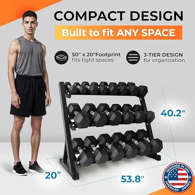 Rubber Hex Dumbbell Set with Rack, 8/10/12/15/20 Pair (450/550/780/1200/1550/2100 lbs total) Weight Rack with Dumbbells for Home Gym & Strength Training