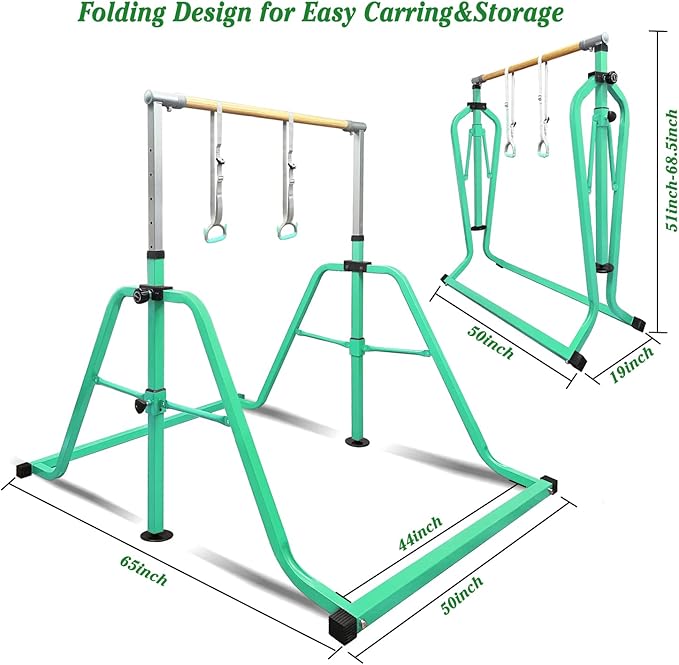 GLANT Gymnastics Bar for Kids with Rings Set, 7 Heights Adjustable Easy Folding Gymnastic Training Bar Kids Monkey Horizontal Bars - Max Load 300LBS
