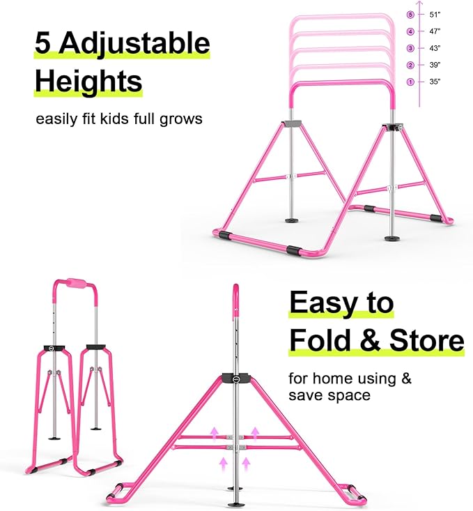 Safly Fun Foldable Gymnastics Bar for Kids, Adjustable 35"-51", Sturdy 145 lbs Capacity, Easy-to-Assemble, Gymnastics Equipment for Kids for Indoor/Outdoor Training
