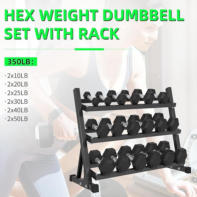 550LB Hex Dumbbell Set with 3-Tier Rack - Complete Home Gym Weight Set 5-50lbs Rubber Coated Cast Iron Dumbbells for Strength Training & Muscle Building