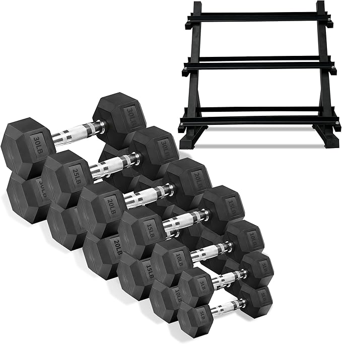 550LB Hex Dumbbell Set with 3-Tier Rack - Complete Home Gym Weight Set 5-50lbs Rubber Coated Cast Iron Dumbbells for Strength Training & Muscle Building