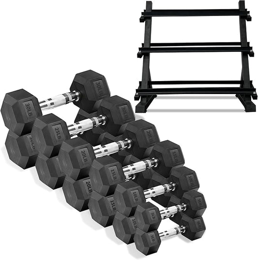 550LB Hex Dumbbell Set with 3-Tier Rack - Complete Home Gym Weight Set 5-50lbs Rubber Coated Cast Iron Dumbbells for Strength Training & Muscle Building