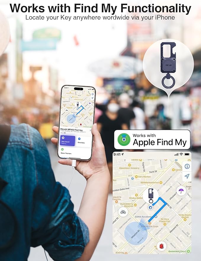 Miroddi Keychain Tracker, Men's Key Chain Works with Find My(iOS Only), Heavy Duty Keychain Carabiner Bottle Opener, Car Key Chains with Finder, Anti-lost Keyrings Tracker, Rechargeable, Navy Blue