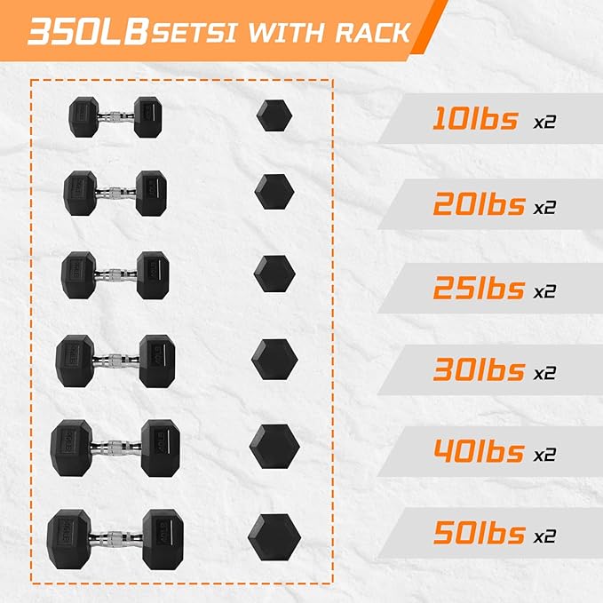 Yufer 6-10 Pair Iron and Rubber Coated Dumbbell Set 350/450/550 lbs 5-50 lbs Hand Free Weight for Strength Hex Rubber Weights with Vertical Storage Rack Fitness Home Gym Equipment