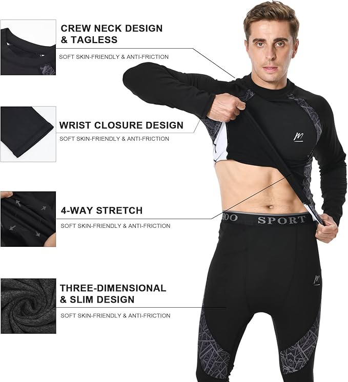 Men Thermal Underwear Set Long Johns with Fleece Lined Base Layer Men Cold Weather Top Bottom for Skiing Running