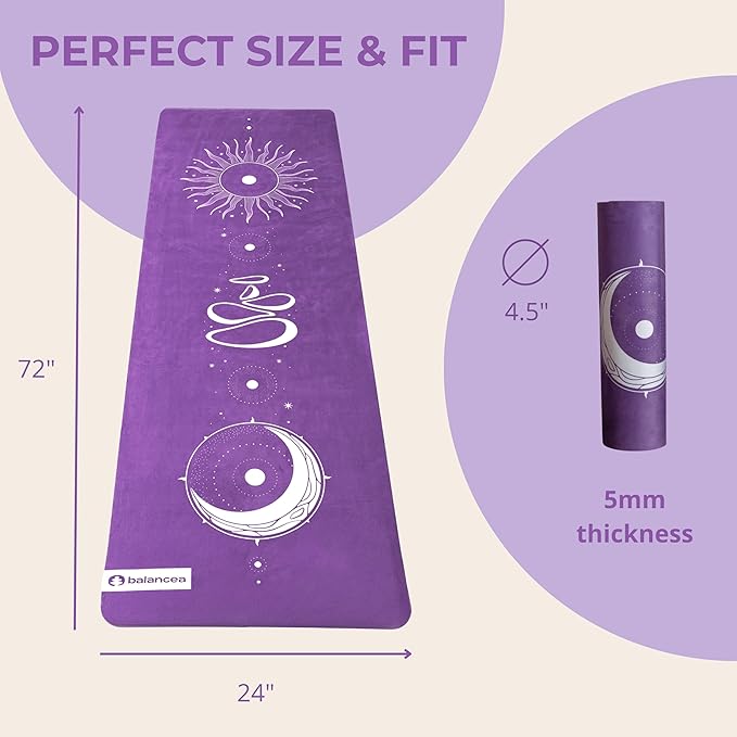 Yoga Mat With Strap 5mm Non Slip Suede & TPE - Eco-Friendly Fitness & Exercise Mat for Home Gym, Pilates, Hot Yoga, and Meditation - Lightweight Durable 72 x 24 inch Workout Mat for Women, Men