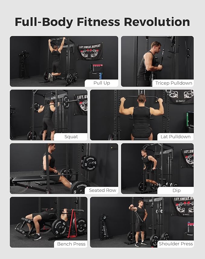 Mikolo Power Cage, Power Rack with LAT Pulldown, 1200 Pounds Capacity Workout Cage with More Training Attachments, Squat Rack for Home Gym, F4 Versions