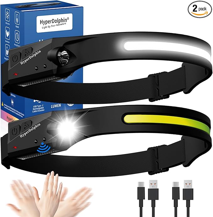 Rechargeable LED Headlamp 2-Pack – 500 Lumens, Waterproof, Wide 230° Beam, USB-C Lightweight, Comfortable Long Runtime – Perfect for Camping, Hiking, Running, Fishing, Repairs & Gift Giving