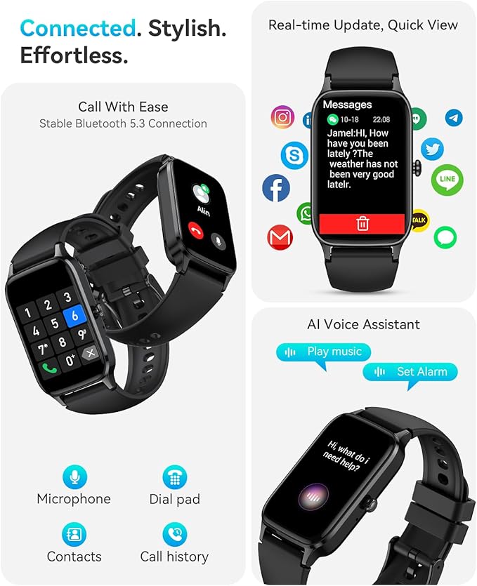 Fitness Activity Tracker for Women Men, Smart Watch Compatible with iPhone Android, IP68 Waterproof Step Counter with 110+ Sports, Sleep Monitor, Calorie Counter (Casual, Black, 1.57)