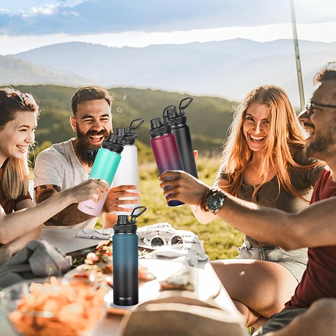 MEZMUT Insulated Water Bottle 24oz Stainless Steel Water Bottles with Straw&2 Lids Sports Metal Water Bottle Cup Double Walled Vacuum Insulated Bottles Leak-Proof Travel (Gradient Green Pink)