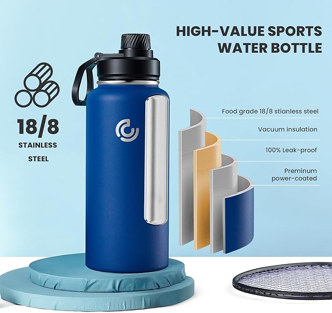 COKTIK 32oz Sports Water Bottle, Stainless Steel Water Bottle for Insulated, Reusable Travel Bottle, With Straw, With Handle Grip for Easy Carrying, Suitable for Cycling, Outdoor Vacations(Cobalt)